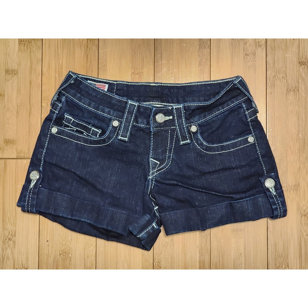 True Religion Jess Cuffed Crystal Detail Dark Wash Denim Blue Jean Shorts 24 USA